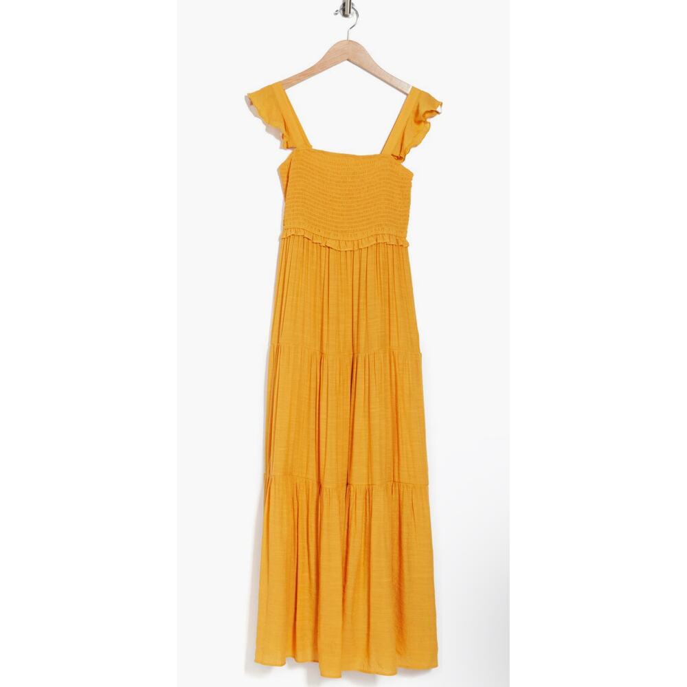 Nanette Lepore Yellow Smocked Maxi Dress Size 12 Flutter Strap Tiered Boho